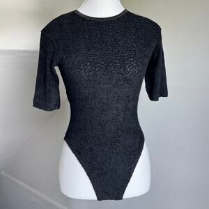 Vintage 90s Black Stretchy Textured Chenille Body Suit Black Size‎ Medium Velvet